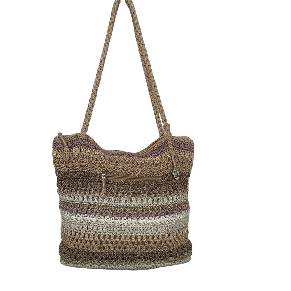 The Sak Handcrafted Tan,Brown, Lilac Crochet Large Tote Bag